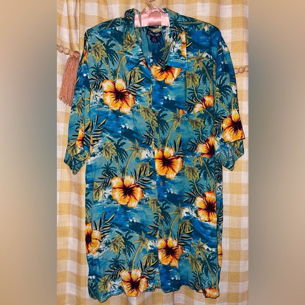 VTG mens 2XL Hawaiian print floral button up rayon EUC